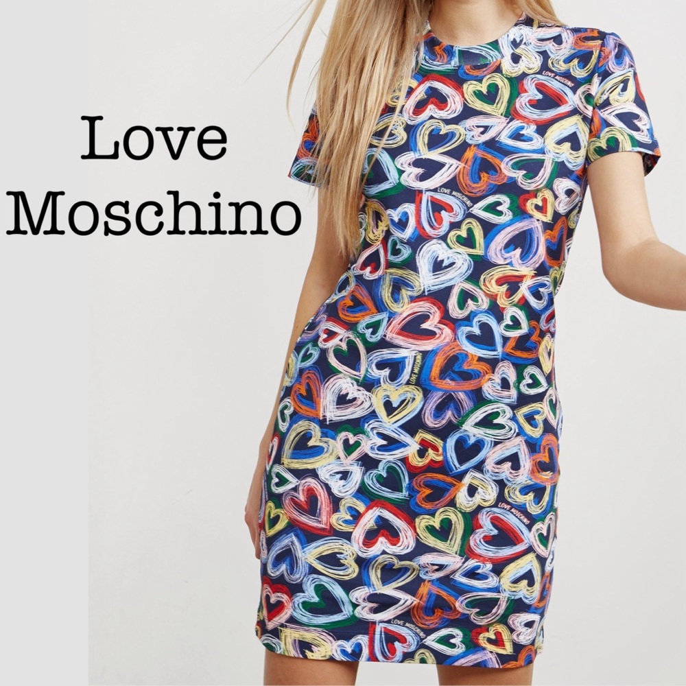 Love Moschino Neon Hearts Cotton Tee Shirt Dress Size 6